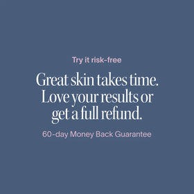 Text on a muted blue background reads: Try Solawave’s 2x Wrinkle Retreat LED Face Mask risk-free. See visible wrinkle reduction or get a full refund with our 60-day Money Back Guarantee. Great skin takes time.