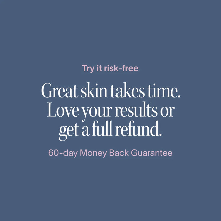 Text on a muted blue background reads: Try Solawave’s 2x Wrinkle Retreat LED Face Mask risk-free. See visible wrinkle reduction or get a full refund with our 60-day Money Back Guarantee. Great skin takes time.