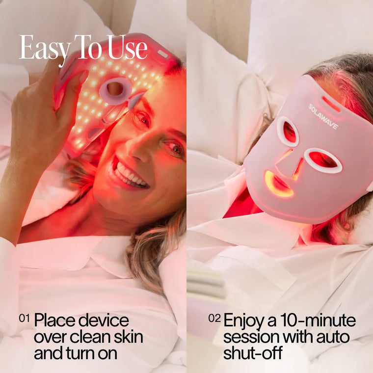 A woman uses the Solawave 2x Wrinkle Retreat LED Face Mask while lying on a couch. The left image shows her turning on the pink mask; the right, relaxing during the 10-min anti-aging treatment with auto shut-off. Easy to use text is shown.