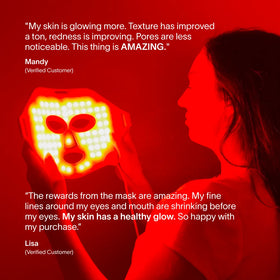 A woman holds the Solawave 2x Wrinkle Retreat LED Face Mask. Reviews praise its anti-aging effects, noting glowing skin, improved texture, smaller pores, less redness, and reduced fine lines around the eyes and mouth.