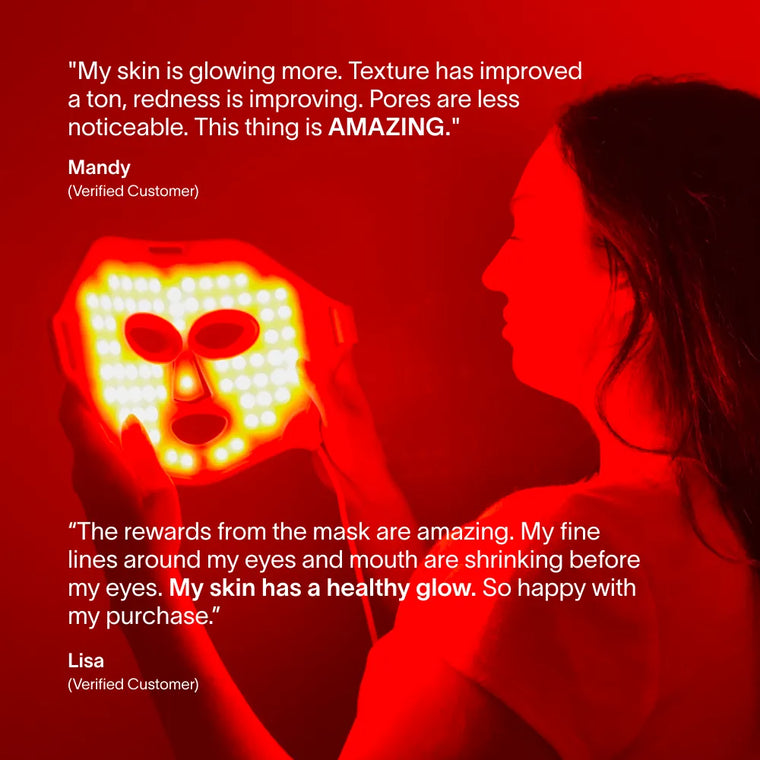 A woman holds the Solawave 2x Wrinkle Retreat LED Face Mask. Reviews praise its anti-aging effects, noting glowing skin, improved texture, smaller pores, less redness, and reduced fine lines around the eyes and mouth.
