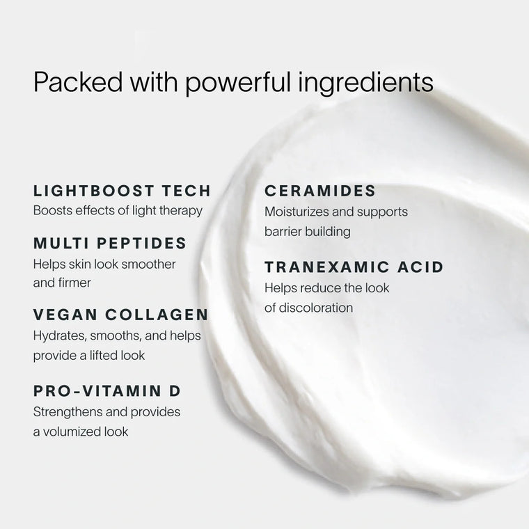 Image featuring Solawaves LightBoost Face & Neck Rich Cream, highlighting benefits like Lightboost Tech, Multi Peptides, and Vegan Collagen. Enriched with Pro-Vitamin D, Ceramides, and Tranexamic Acid. Background emphasizes its creamy texture—ideal for radiant skin seekers.