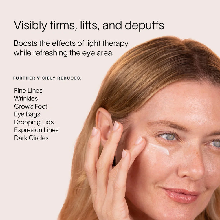 A person applying Solawaves LightBoost Eye Cream under their eyes, which visibly firms and lifts with vegan collagen while nourishing. It reduces fine lines, wrinkles, and dark circles while effectively depuffing eye bags and lifting drooping lids.