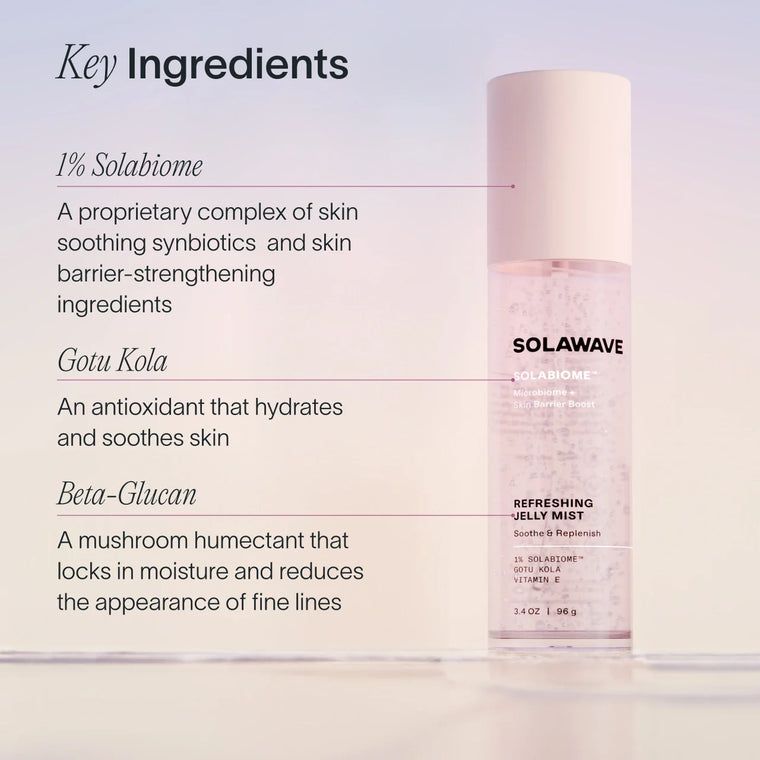 A photo of the ingredients in tthe Solawave Pre- & Probiotic Refreshing Jelly Face Mist