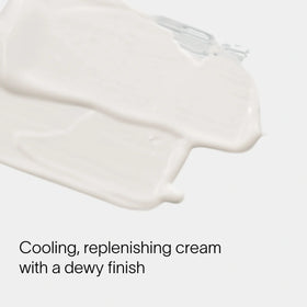 A smear of white cream with a dewy finish is shown close-up on a light surface. Text reads, LightBoost Eye Cream by Solawave: Cooling, replenishing cream infused with vegan collagen for a dewy finish.