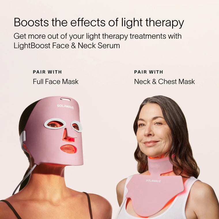 Two women wear light therapy masks; the first dons a full face mask, and the second uses a neck and chest mask. Text above highlights combining Solawaves LightBoost Face & Neck Rich Cream with vegan collagen to enhance the therapy effects.
