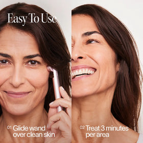 Split image of a woman using the Solawave 4-in-1 Red Light Therapy Wand & Activating Serum Kit (left) and smiling (right). Text: Easy To Use. 1. Glide wand on clean skin to target dark spots or fine lines. 2. Treat each area for 3 minutes. || Rose Gold