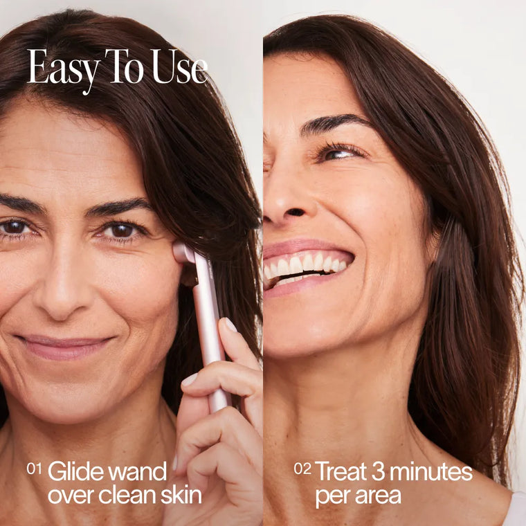 Split image of a woman using the Solawave 4-in-1 Red Light Therapy Wand & Activating Serum Kit (left) and smiling (right). Text: Easy To Use. 1. Glide wand on clean skin to target dark spots or fine lines. 2. Treat each area for 3 minutes. || Rose Gold