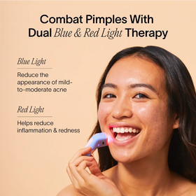 Woman using dual blue and red light therapy device on beige background. || Charcoal
