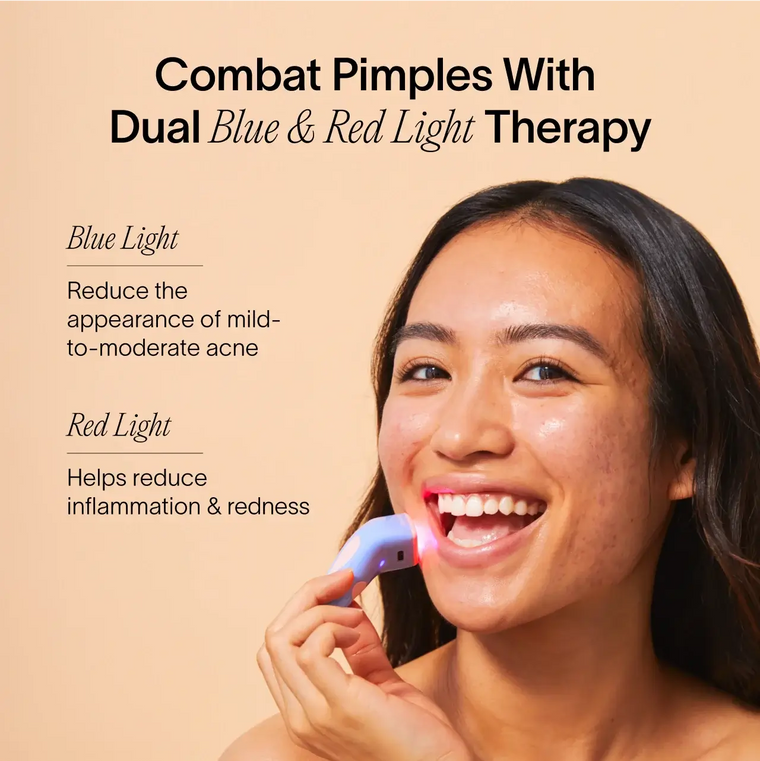 Woman using dual blue and red light therapy device on beige background. || Charcoal