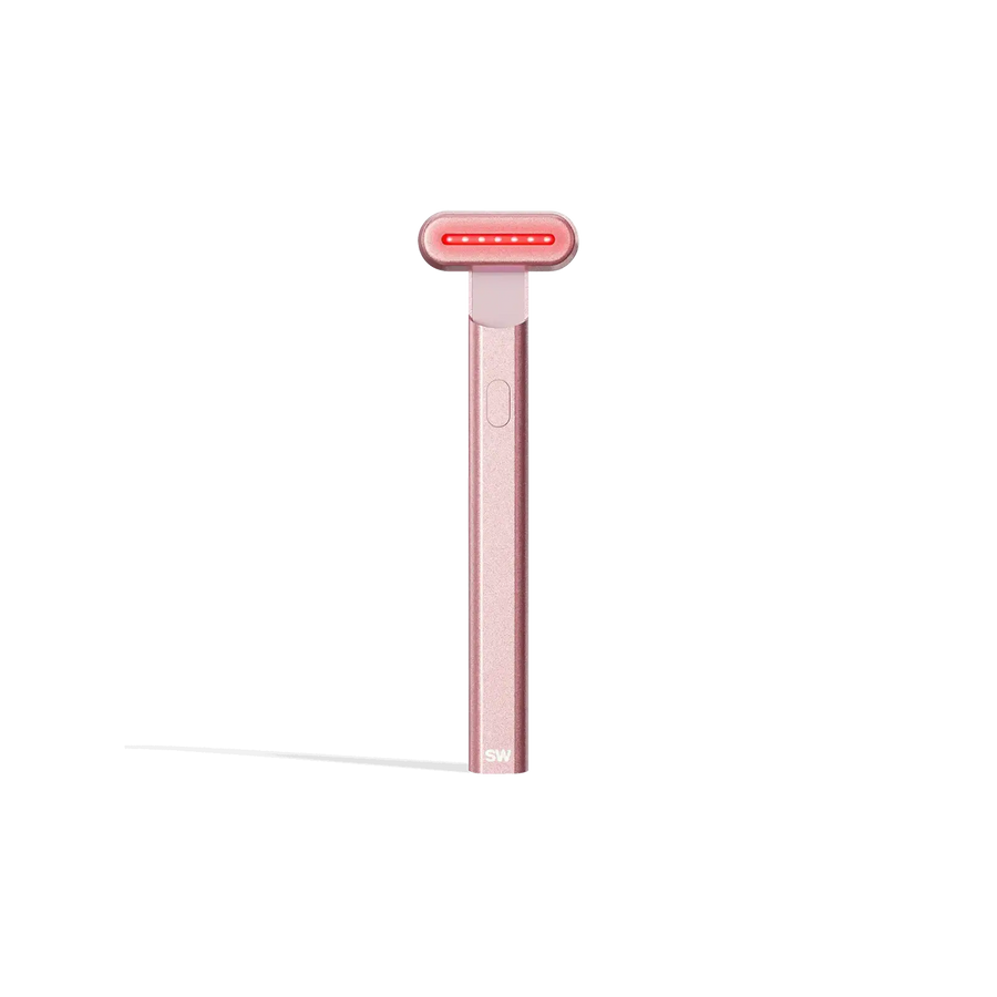 The Solawave 4-in-1 Radiant Renewal Skincare Wand with Red Light Therapy, shown in pink with a rectangular head, is designed to boost radiance and enhance skincare treatments, set against a plain white background.
